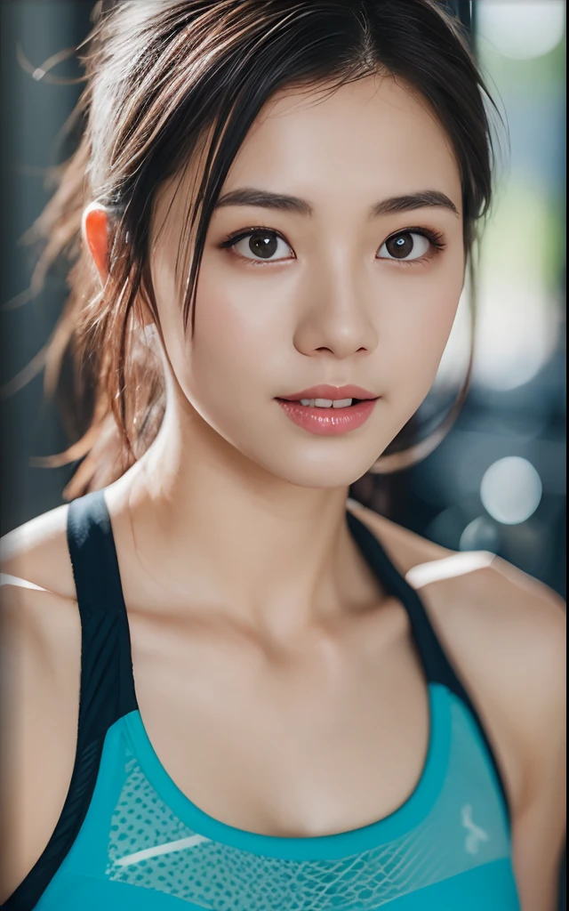 Highly detailed CG Unity 8k wallpaper, top quality, super detailed, masterpiece, realistic, photo realistic, very detailed cute girl, 25 years old, Muscle, abs, round eyes, viewer, blush, parted lips, half body shot ,
sportswear , gym, お尻を突き出す