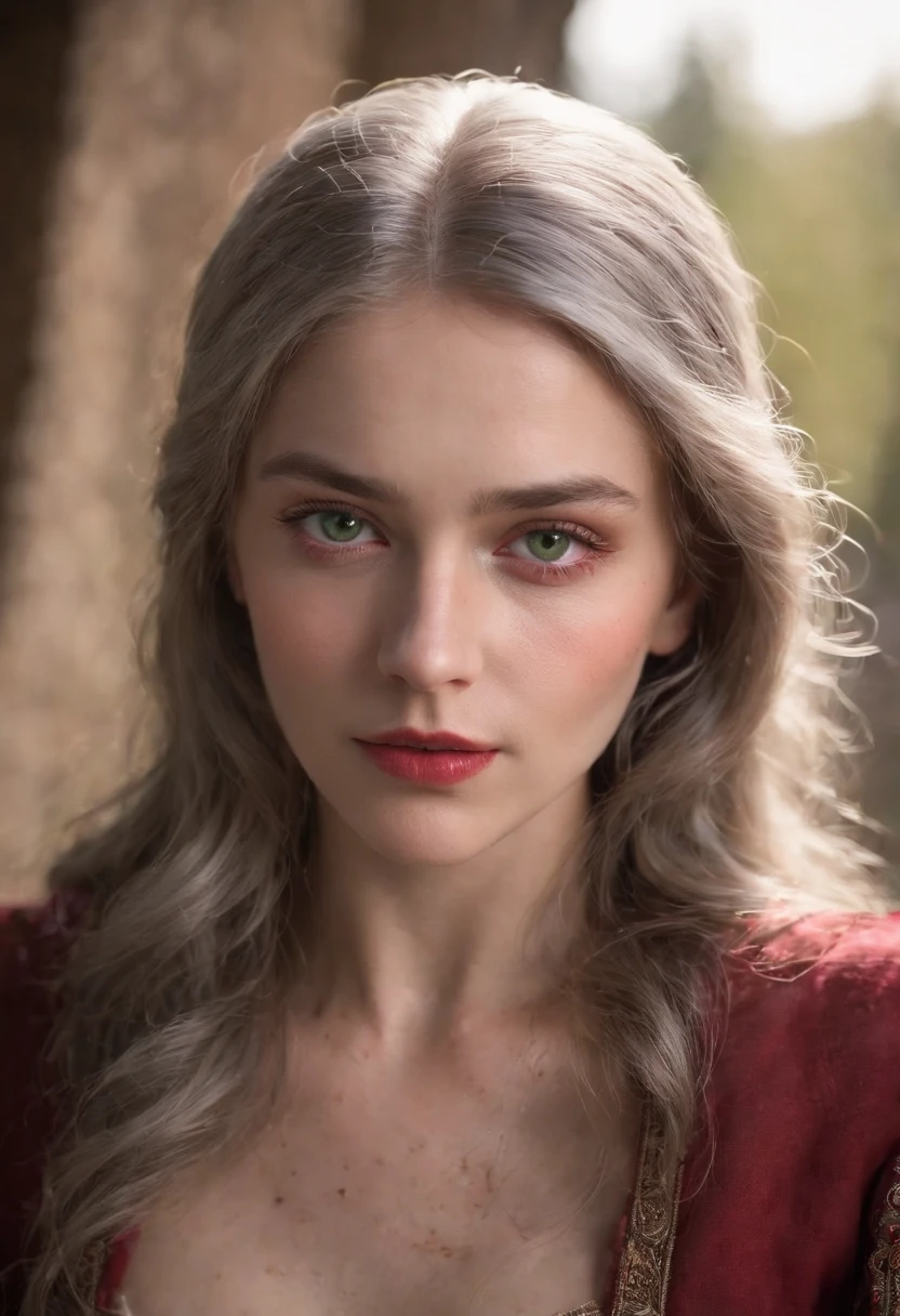 (((A crimson wound streaked across her left cheek))) Fair complexion, A woman around 19 years old, Natural gray hair, Unique green eyes, Wear Cole, Slender and graceful, Beautiful, Candlelight in a medieval setting, super sharp focus, realistic lens, Medieval women's clothing, Four colors (Scar:1.4)，Bigchest