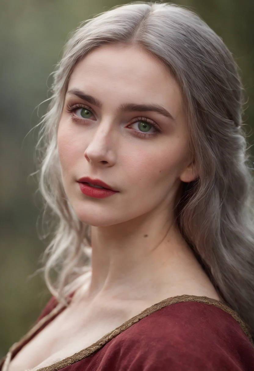 (((A crimson wound streaked across her left cheek))) Fair complexion, A woman around 19 years old, Natural gray hair, Unique green eyes, Wear Cole, Slender and graceful, Beautiful, Candlelight in a medieval setting, super sharp focus, realistic lens, Medieval women's clothing, Four colors (Scar:1.4)，Bigchest