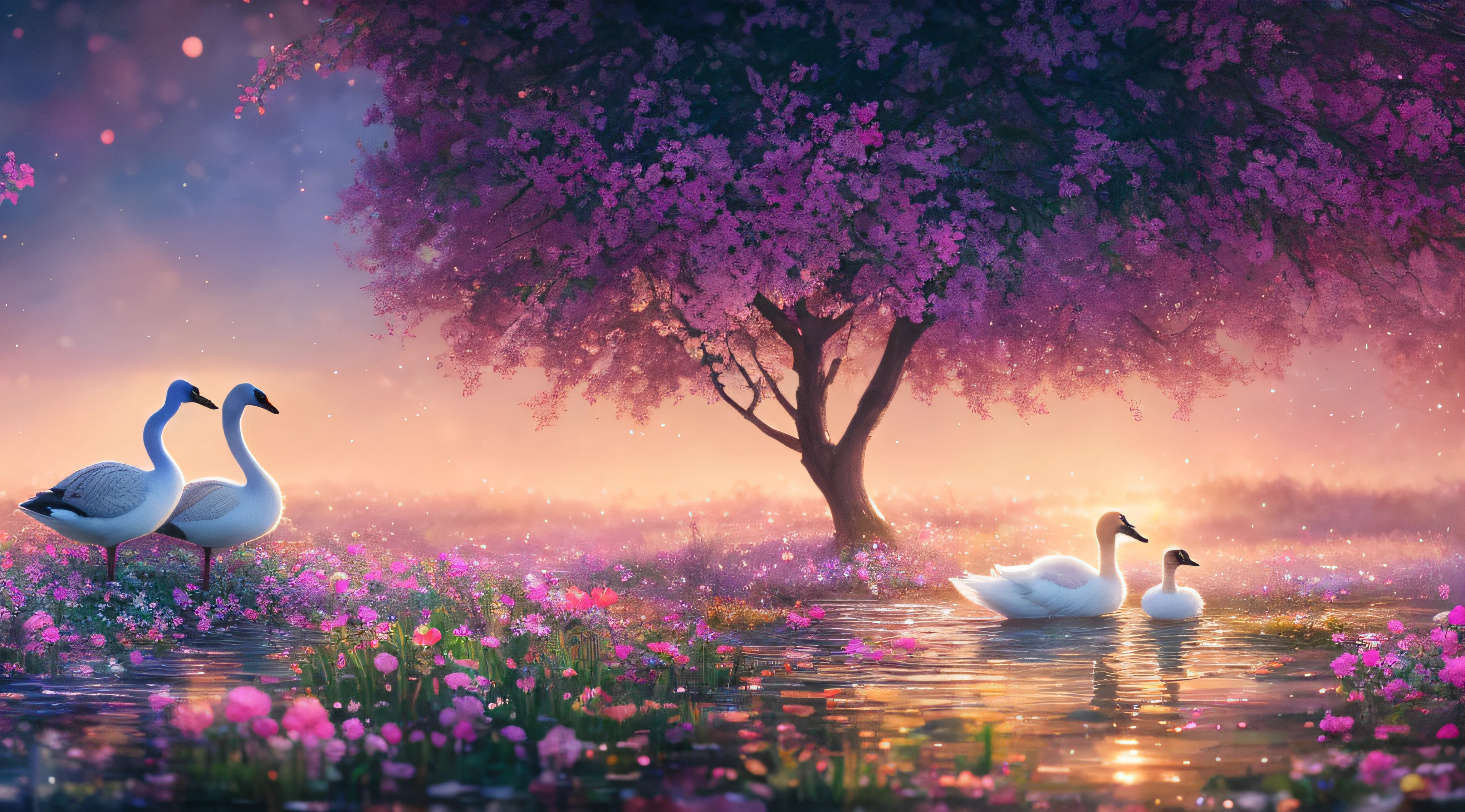 masterpiece, best quality, high quality,extremely detailed CG unity 8k wallpaper, An enchanting and dreamy scene of two Swans swimming in the water, (((goose
family in the water 1.4))), glowing flowers, and hidden fairy glens, creating a sense of mystique and enchantment, art station, digital illustration, intricate, trending, pastel colors, oil paiting, award winning photography, Bokeh, Depth of Field, HDR, bloom, Chromatic Aberration ,Photorealistic,extremely detailed, trending on artstation, trending on CGsociety, Intricate, High Detail, dramatic, art by midjourney