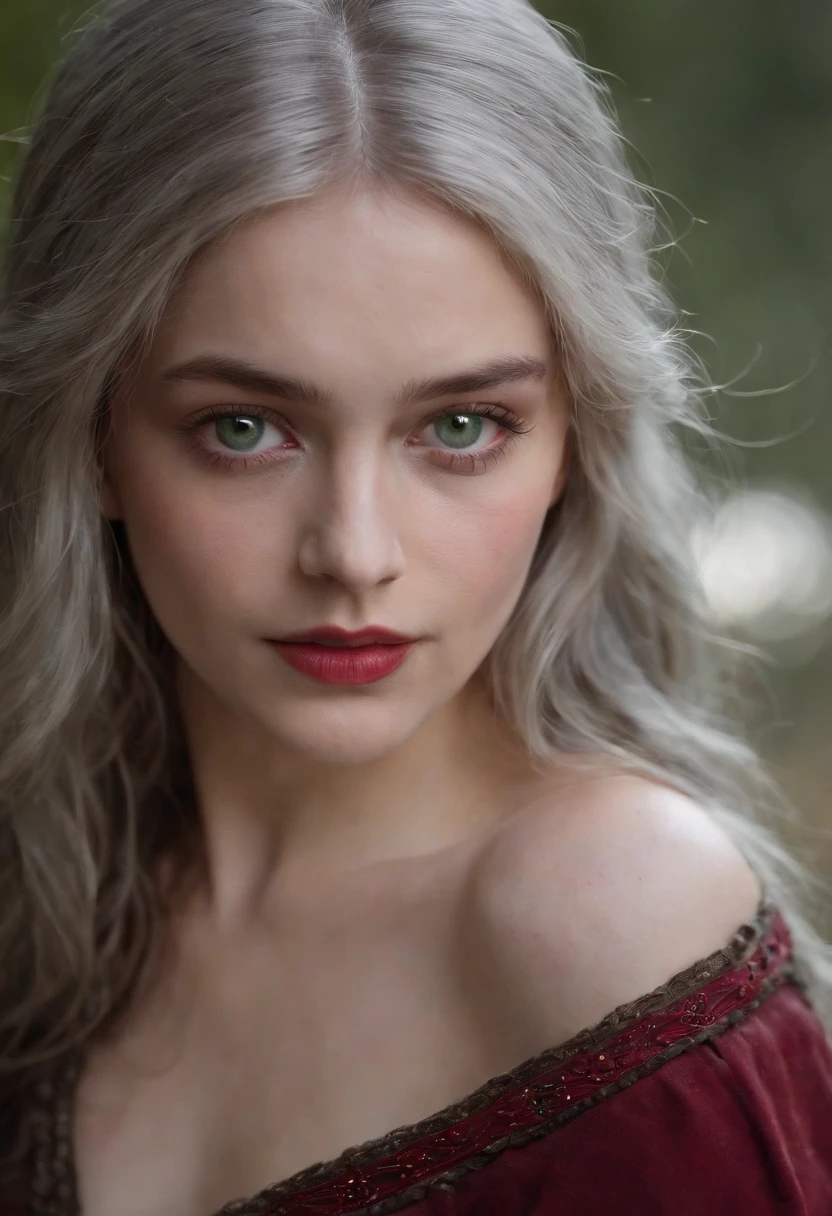 (((A crimson wound streaked across her left cheek))) Fair complexion, A woman around 19 years old, Natural gray hair, Unique green eyes, Wear Cole, Slender and graceful, Beautiful, Candlelight in a medieval setting, super sharp focus, realistic lens, Medieval women's clothing, Four colors (Scar:1.4),nsfw