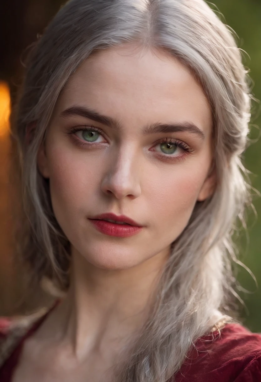 (((A crimson wound streaked across her left cheek))) Fair complexion, A woman around 19 years old, Natural gray hair, Unique green eyes, Wear Cole, Slender and graceful, Beautiful, Candlelight in a medieval setting, super sharp focus, realistic lens, Medieval women's clothing, Four colors (Scar:1.4),nsfw