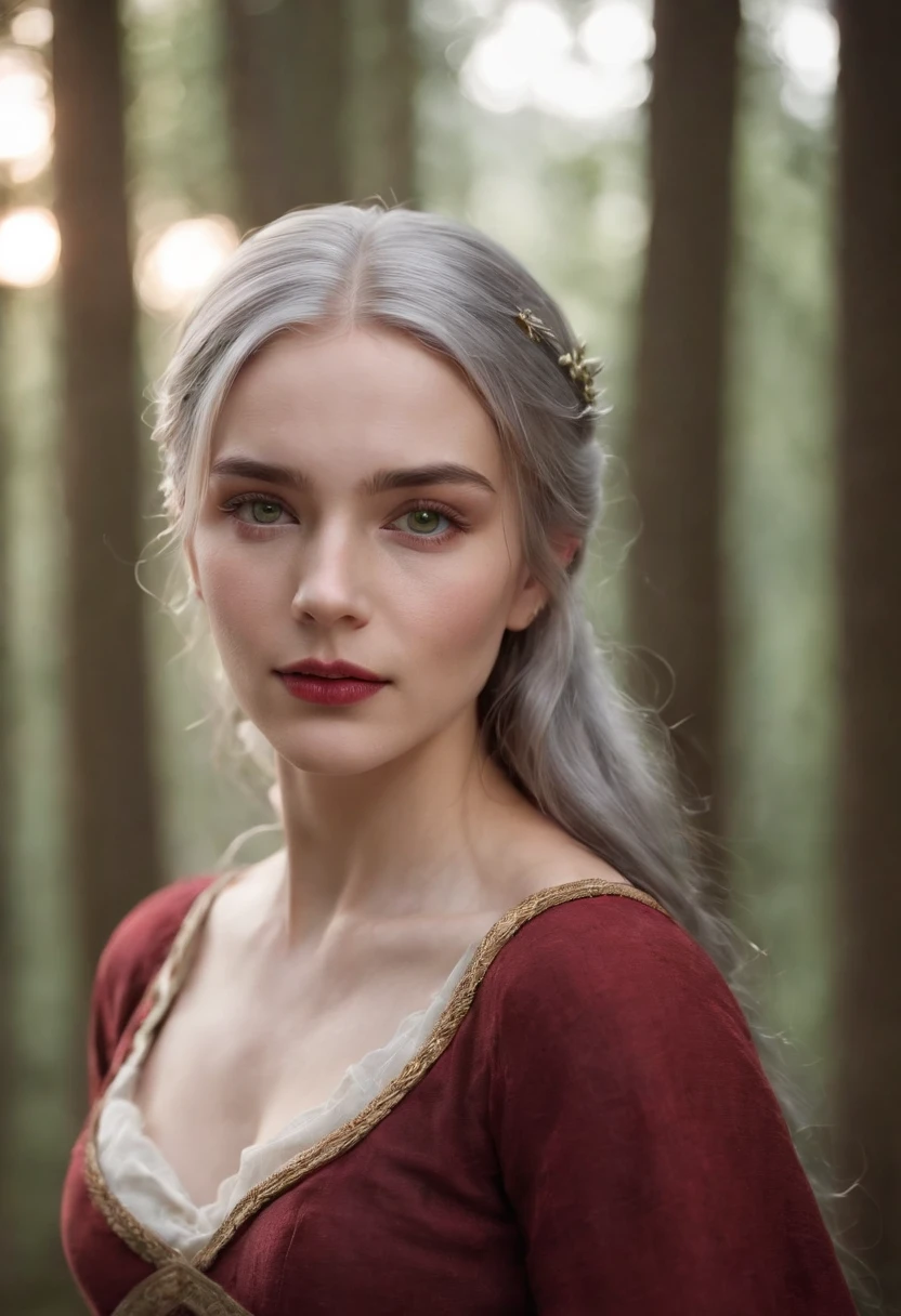 (((A crimson wound streaked across her left cheek))) Fair complexion, A woman around 19 years old, Natural gray hair, Unique green eyes, Wear Cole, Slender and graceful, Beautiful, Candlelight in a medieval setting, super sharp focus, realistic lens, Medieval women's clothing, Four colors (Scar:1.4),nsfw