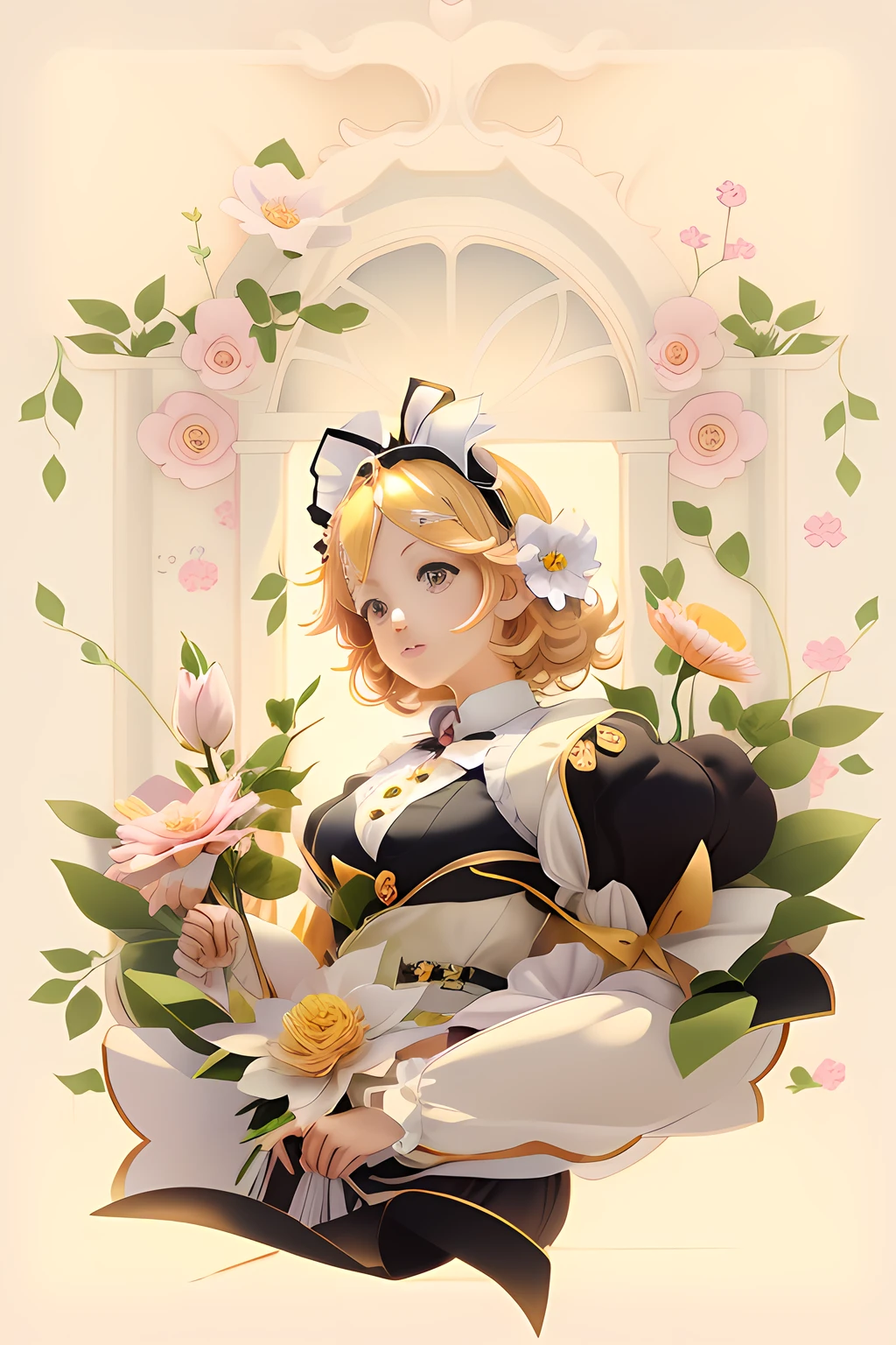 A cartoon girl，Holding a flower in hand，A picture of a flower, anime art nouveau, Official illustration, kagamine rin, Loli, lollipop, offcial art, Anime style illustration, flower goddess, anime graphic illustration, korean art nouveau anime, a maid in a magical forest, official fanart, flower queen, anime illustration, portrait of magical girl