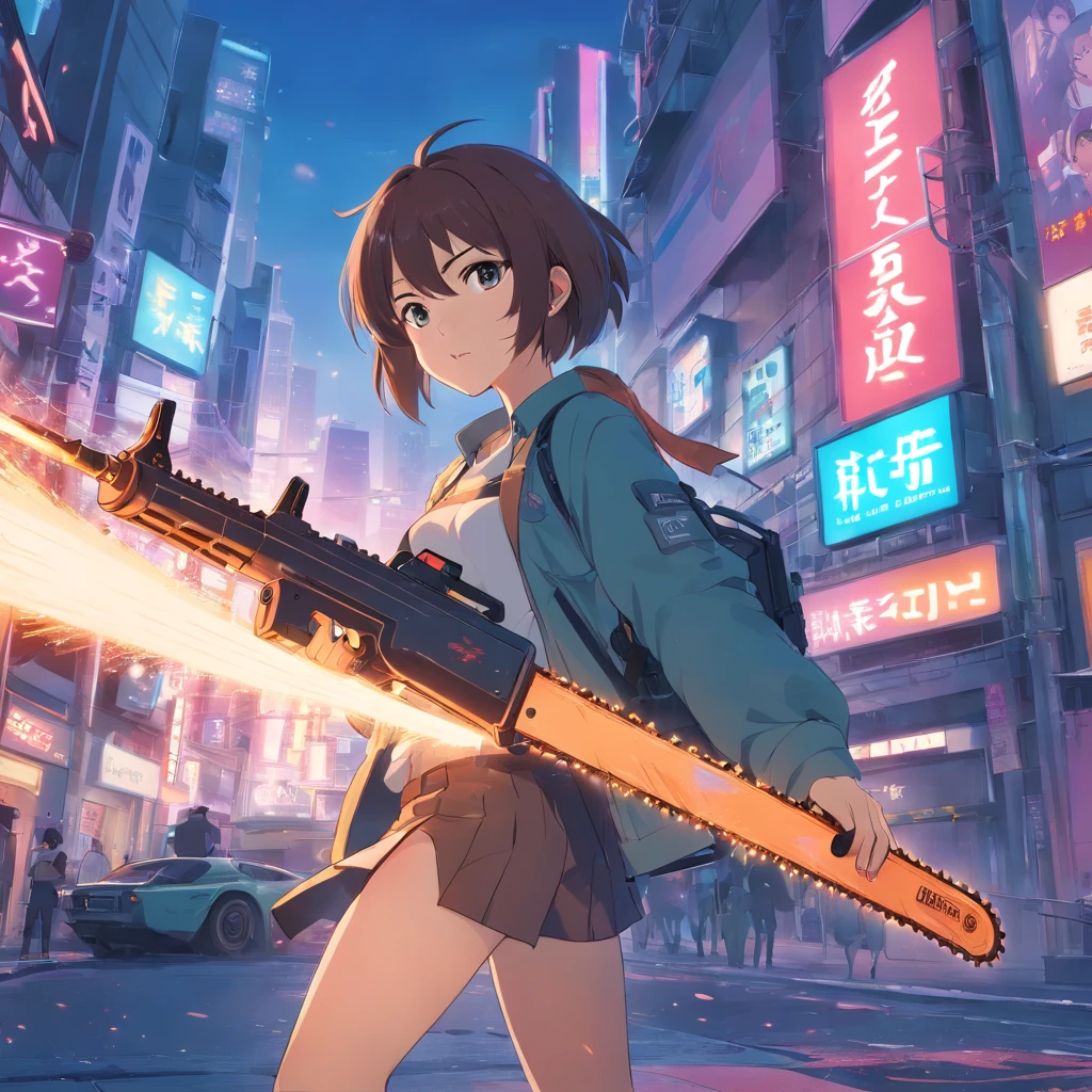 anime girl with a chainsaw and a gun in her hand, cyberpunk art by Shitao, pixiv contest winner, auto-destructive art, oppai cyberpunk, thicc, heavy detailed, (sfw) safe for work, heavy looking, biomechanical oppai, giantess art, badass anime 8 k, thicc build, highly detailed giantess shot