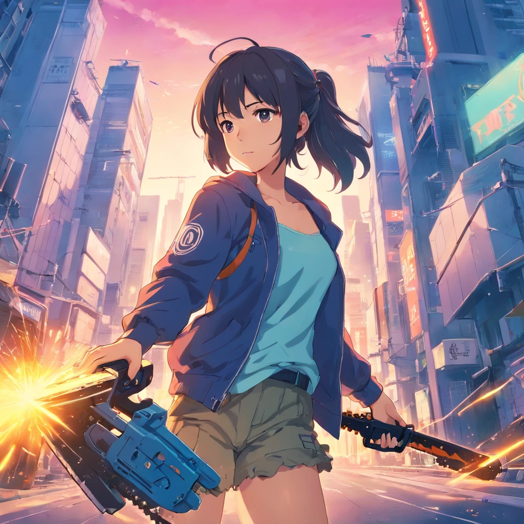 anime girl with a chainsaw and a gun in her hand, cyberpunk art by Shitao, pixiv contest winner, auto-destructive art, oppai cyberpunk, thicc, heavy detailed, (sfw) safe for work, heavy looking, biomechanical oppai, giantess art, badass anime 8 k, thicc build, highly detailed giantess shot