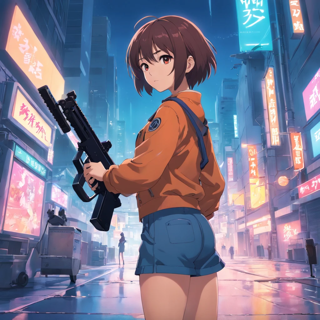 ((NUDE)) anime girl with a chainsaw and a gun in her hand, cyberpunk art by Shitao, pixiv contest winner, auto-destructive art, oppai cyberpunk, thicc, heavy detailed, (sfw) safe for work, heavy looking, biomechanical oppai, giantess art, badass anime 8 k, thicc build, highly detailed giantess shot