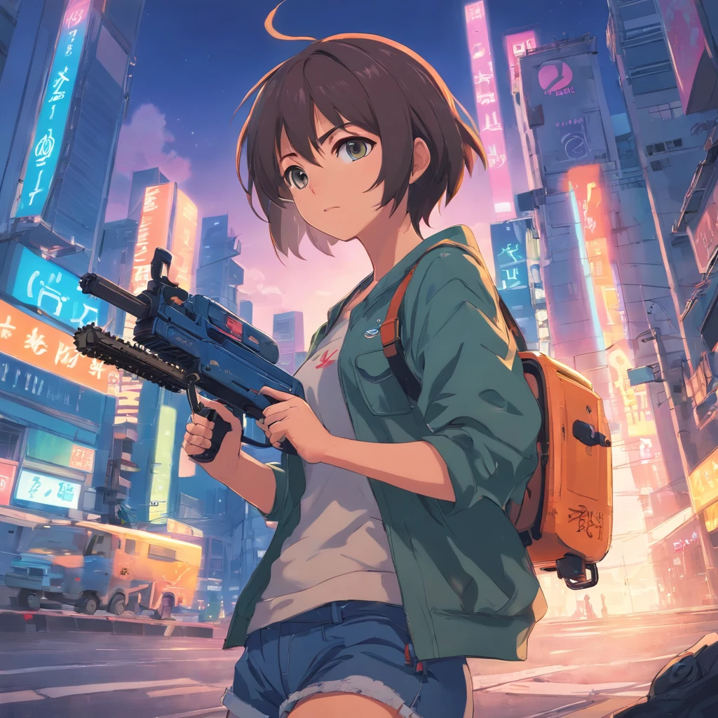 anime girl with a chainsaw and a gun in her hand, cyberpunk art by Shitao, pixiv contest winner, auto-destructive art, oppai cyberpunk, thicc, heavy detailed, (sfw) safe for work, heavy looking, biomechanical oppai, giantess art, badass anime 8 k, thicc build, highly detailed giantess shot