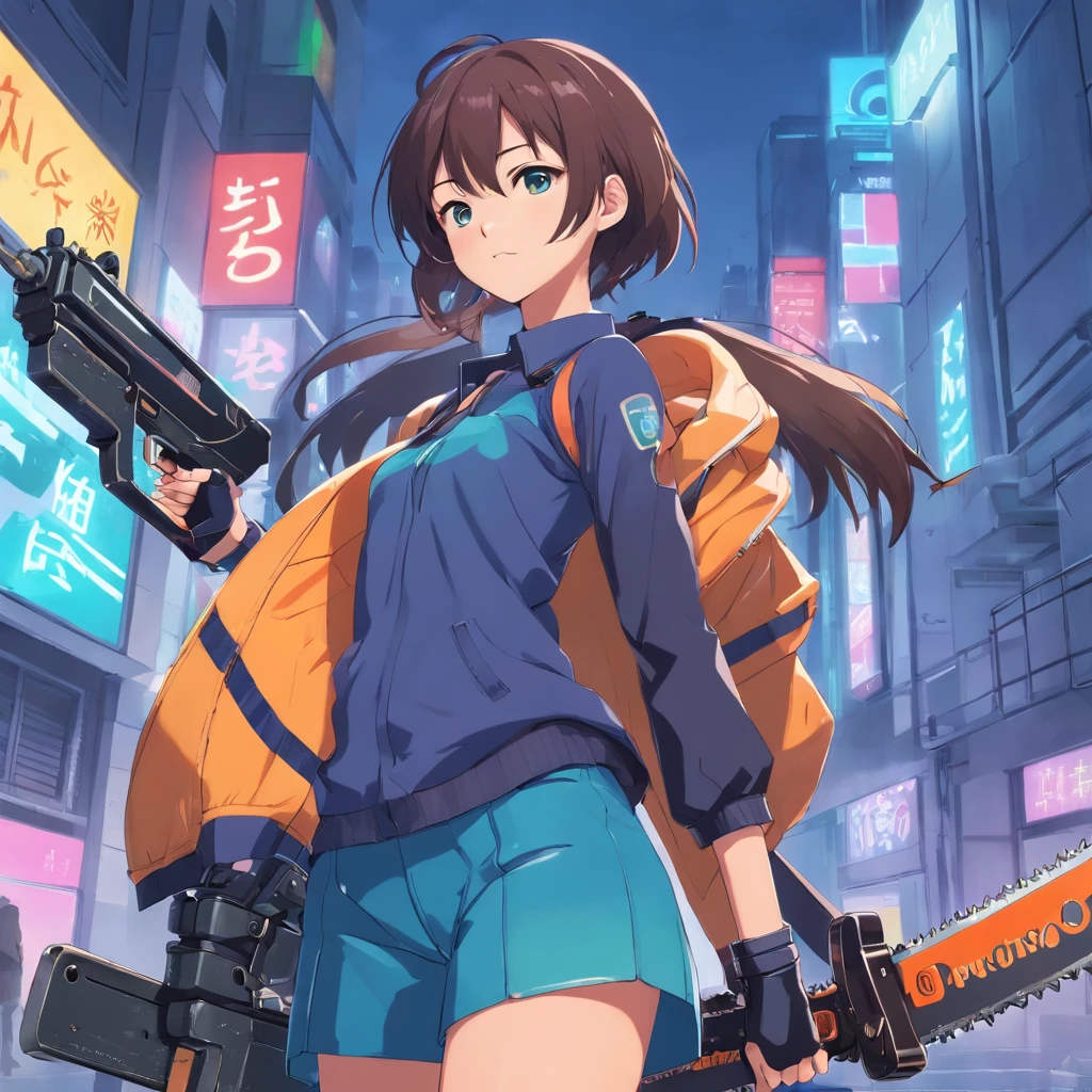 anime girl with a chainsaw and a gun in her hand, cyberpunk art by Shitao, pixiv contest winner, auto-destructive art, oppai cyberpunk, thicc, heavy detailed, (sfw) safe for work, heavy looking, biomechanical oppai, giantess art, badass anime 8 k, thicc build, highly detailed giantess shot