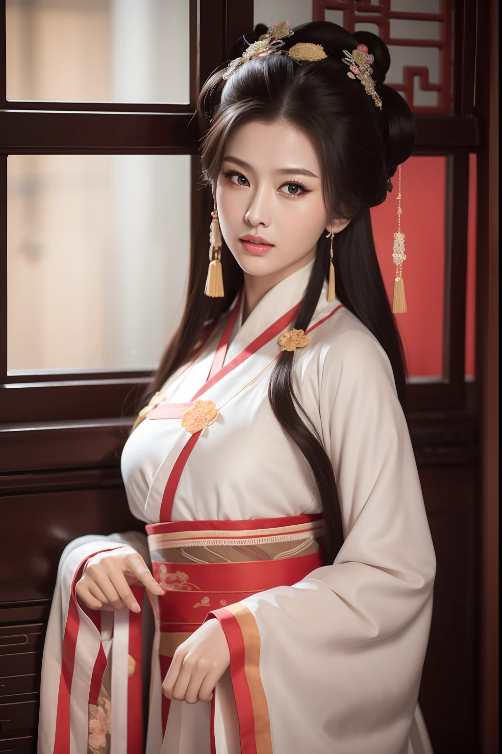 A woman in a white and red dress posing for a picture - SeaArt AI