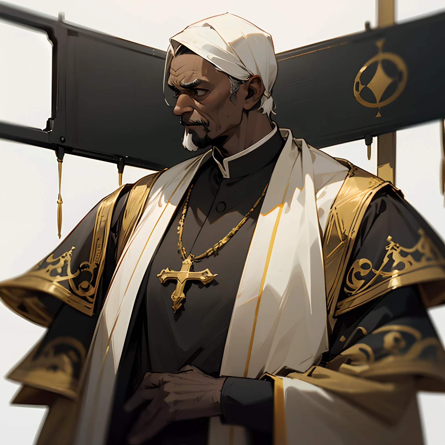 hightquality、detaileds、A old man、Thin black skin、Pure white background、Black and gold religious clothing、Standing、Upper body is shown、Alone、Angle close to the target、Allback gray hair、