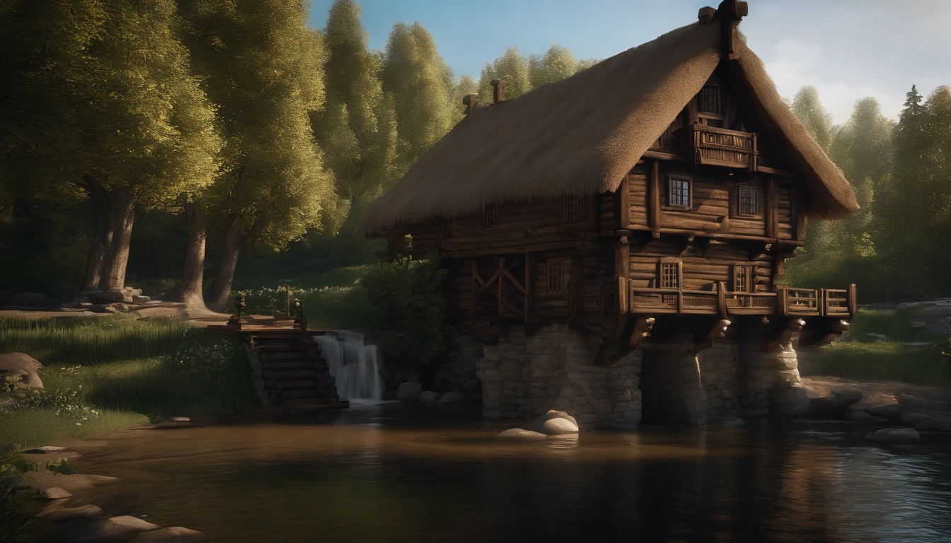 A wooden house next to a watermill with large rollers，A river，uni, detailed scenic view, , medieval village, ，Heroes of Might & Magic 3，Fantastical，4K，best qualtiy，primitive，Light，（(Ultra-detailed and high-precision details))