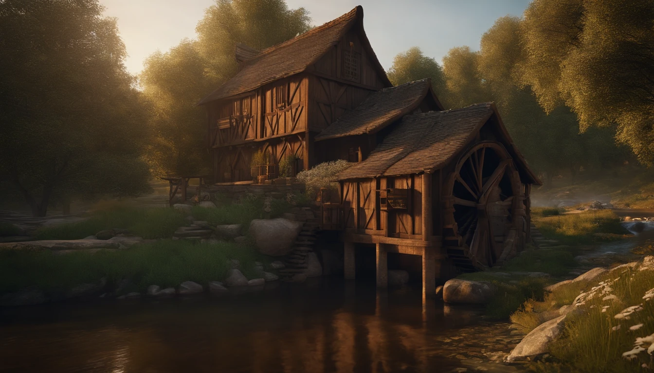 A wooden house next to a watermill with large rollers,A river,uni, detailed scenic view, , medieval village, ,Heroes of Might & Magic 3,Fantastical,4K,best qualtiy,primitive,Light,((Ultra-detailed and high-precision details))