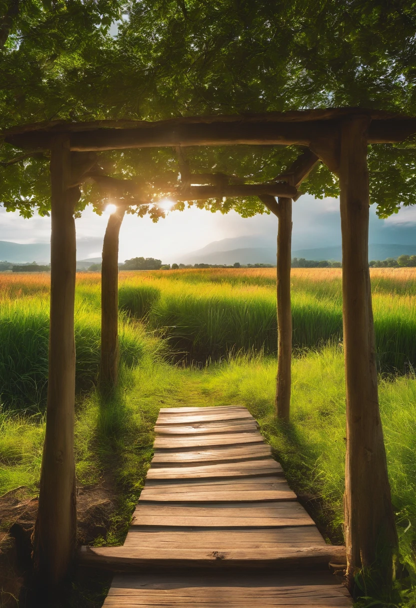 grass field,full of sunlight,Bright shades,small stream,Small wooden bridge,hyper HD