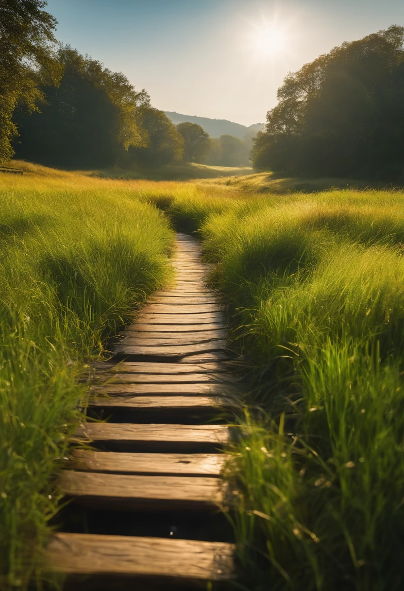 grass field，full of sunlight，Bright shades，small stream，Small wooden bridge，hyper HD