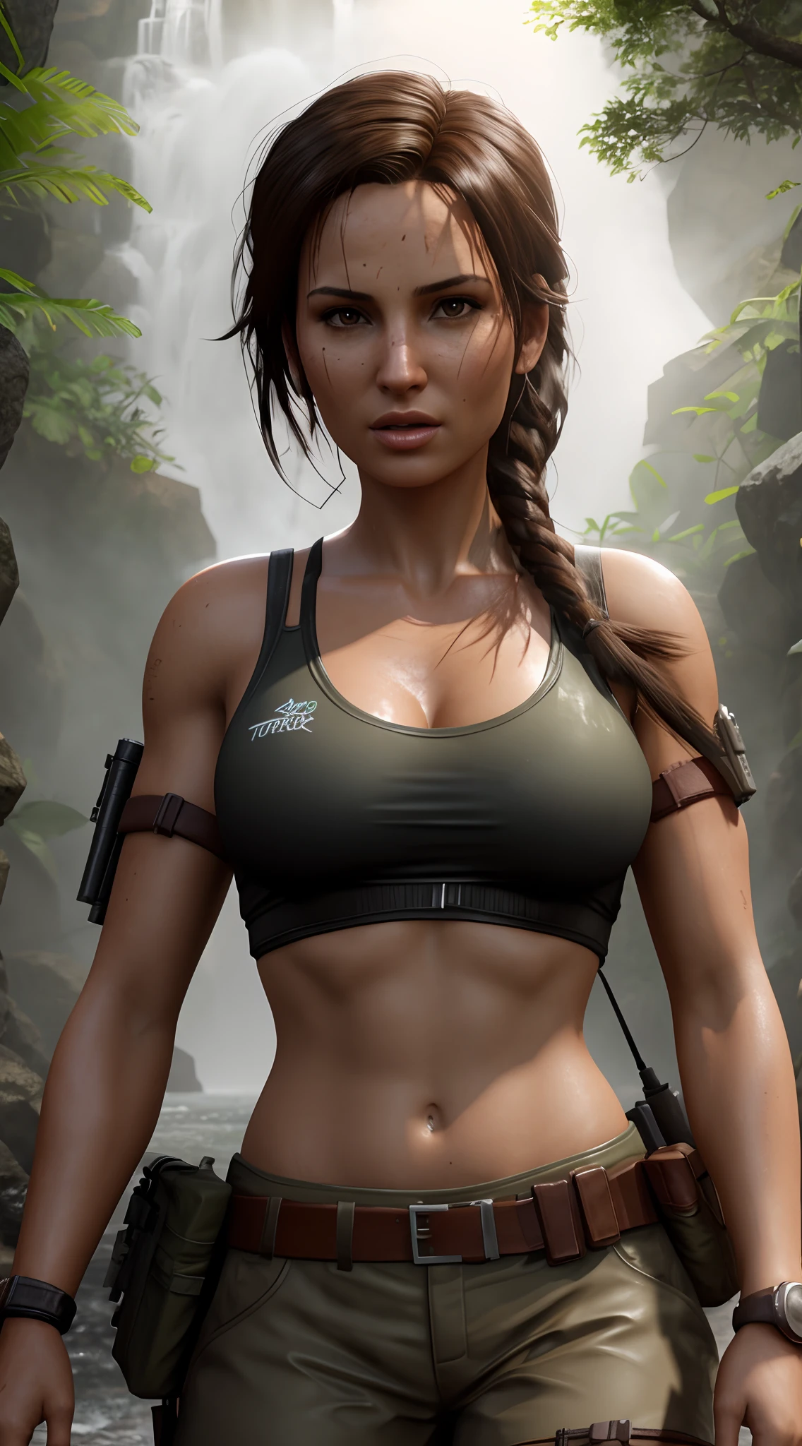 Woman in bikini and shorts standing in front of a waterfall, suor muscular Lara Croft, Retrato de Lara Croft, Lara Croft, Lara Croft Relaxante, tomb raider bonito, aventura render hiper realista, 3 d render arte do caractere 8 k, deviantart artstation cgscosiety, epic digital art illustration, Lara Croft comendo durian