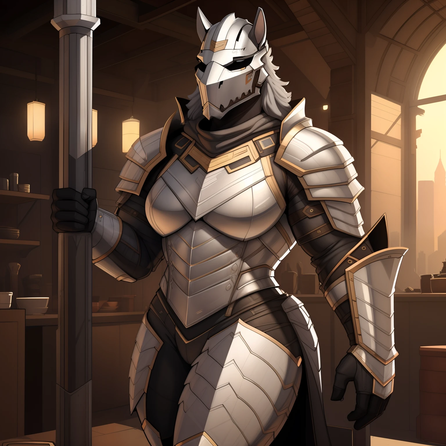 muscular_mature_horse female light_gray_mane gray_furry_body gray_eyes solo Masterpiece best_quality absurdres highly_detailed plate_armor helmet cleanly_drawn_eyes anthro_only by_claweddrip, by_greasymojo, by_underscore-b, by_runawaystride