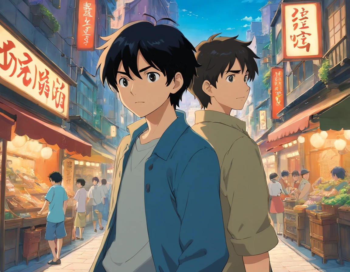 two man, black hair, at the city