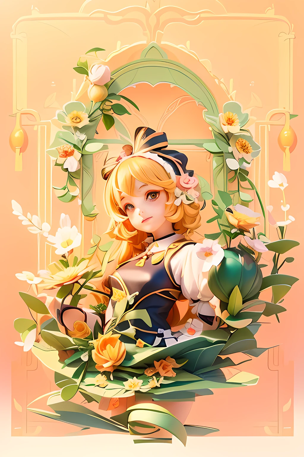 A cartoon girl,Holding a flower in hand,A picture of a flower, anime art nouveau, Official illustration, kagamine rin, Loli, lollipop, Anime style illustration, offcial art, flower goddess, anime graphic illustration, korean art nouveau anime, a maid in a magical forest, official fanart, flower queen, anime illustration, portrait of magical girl