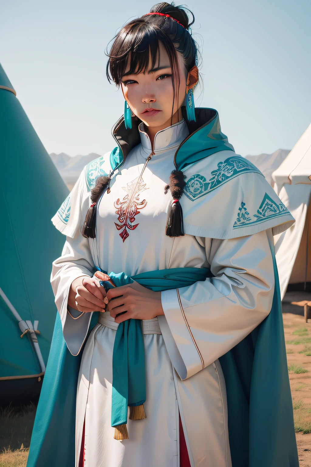 Mongolia,Modern technology,long white robe,Cyberpunk style,yurts,cavalos,Embroidered collar,grassland background,Turquoise earrings