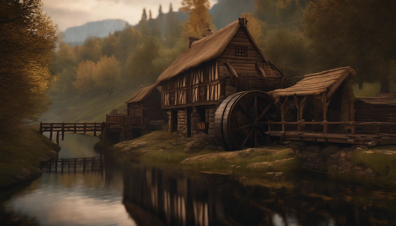 A wooden house next to a watermill with large rollers,A river,uni, detailed scenic view, , medieval village, ,Heroes of Might & Magic 3,Fantastical,4K,best qualtiy,primitive,Light,((Ultra-detailed and high-precision details))