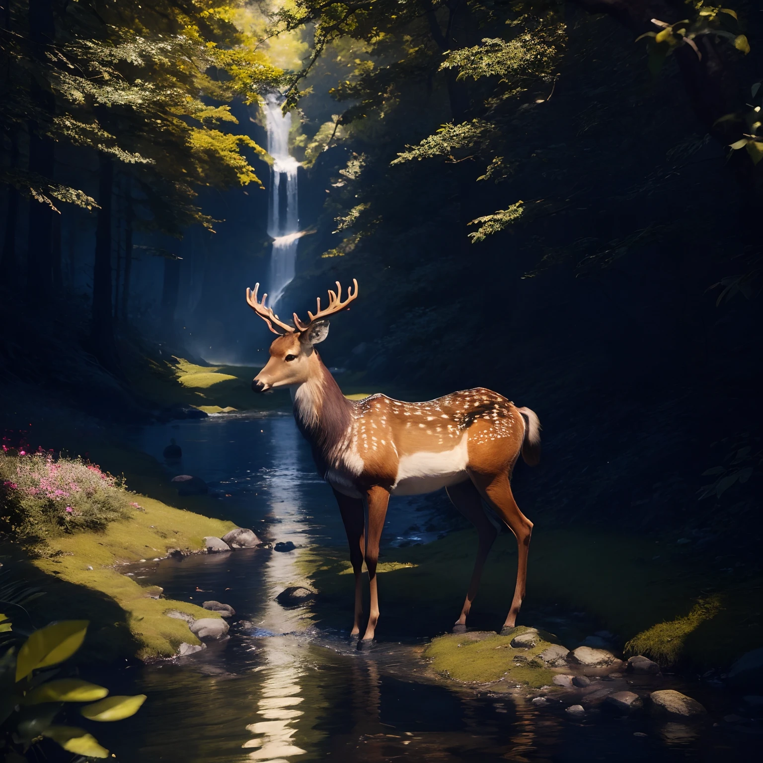 A majestic deer with a glossy coat of fur, standing in a sun-dappled clearing in a lush forest, flowers, plants, a small river nearby, printable