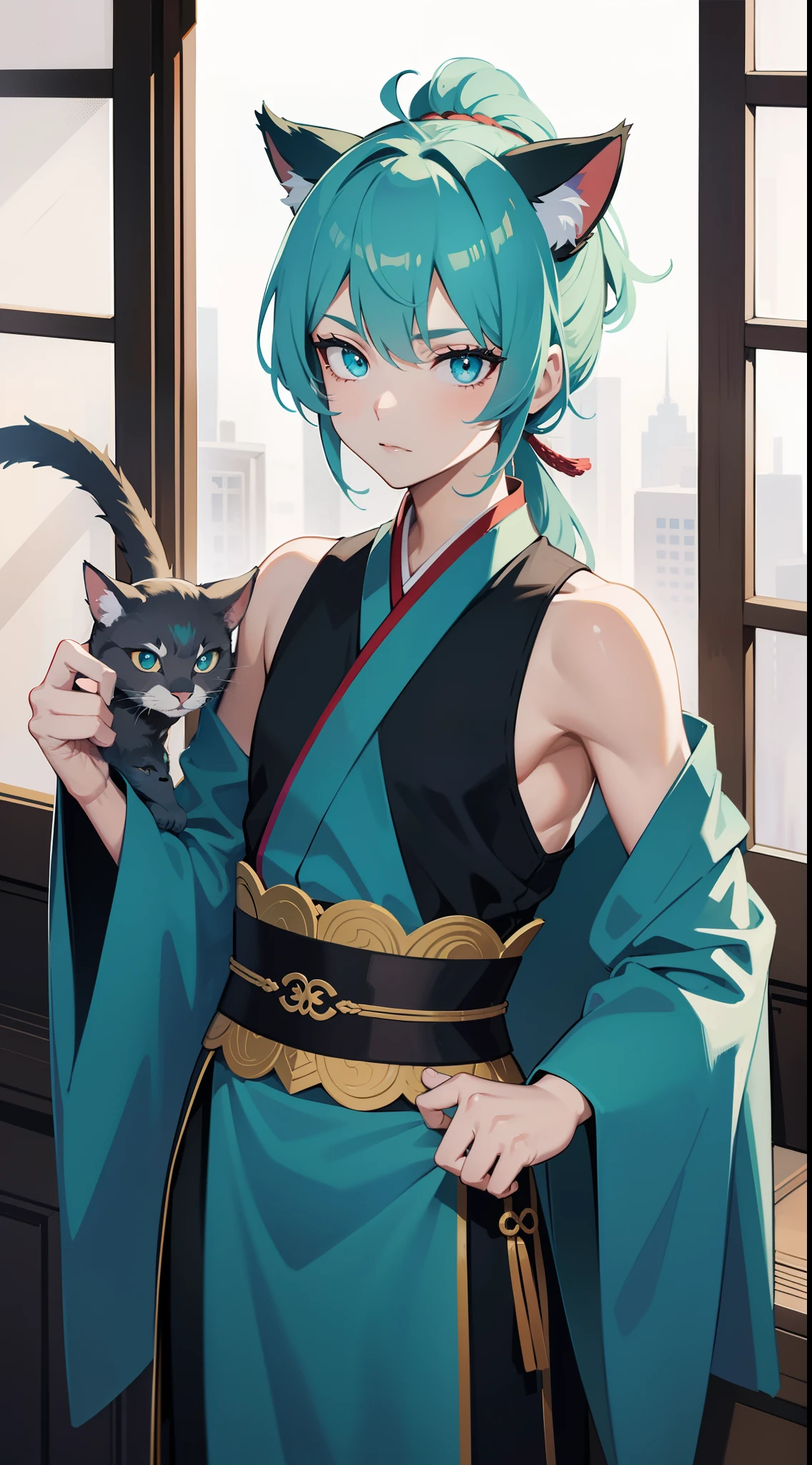 Young guy, short gray hair, high ponytail, Cyan eyes, Cat's ears, Hanfu, Sleeveless, Tatoo, Masterpiece, hiquality