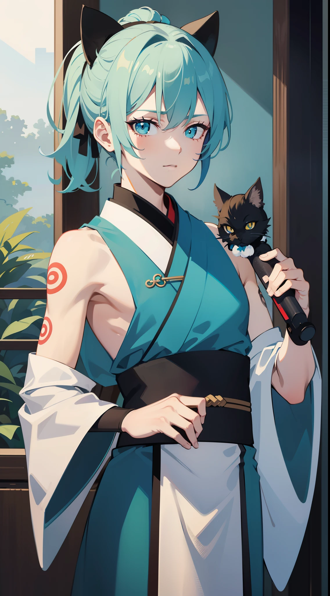 Young guy, short gray hair, high ponytail, Cyan eyes, Cat's ears, Hanfu, Sleeveless, Tatoo, Masterpiece, hiquality