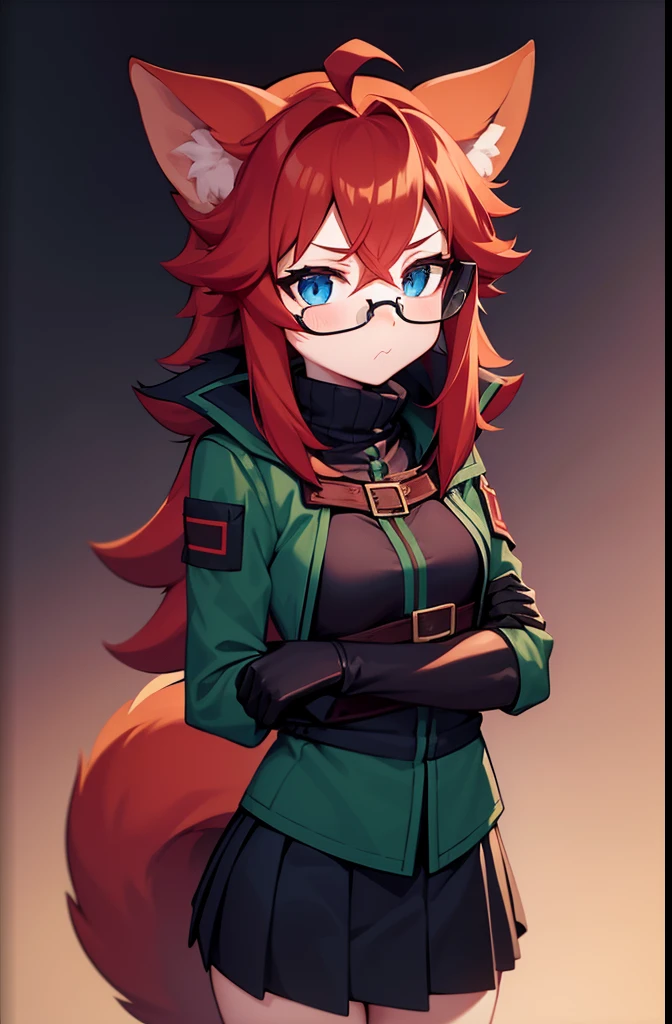 softly toned young adult, small breasts, short scruffy red hair, fox girl, pale blue eyes and black glasses, pouting, wearing a dark green coat, red comfy undershirt, long black pleated skirt, black autumn gloves