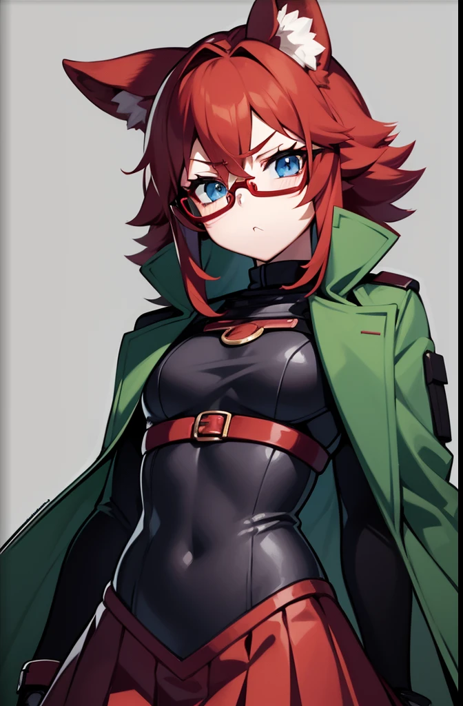 softly toned young adult, small breasts, short scruffy red hair, fox girl, pale blue eyes and black glasses, pouting, wearing a dark green coat, red comfy undershirt, long black pleated skirt, black autumn gloves