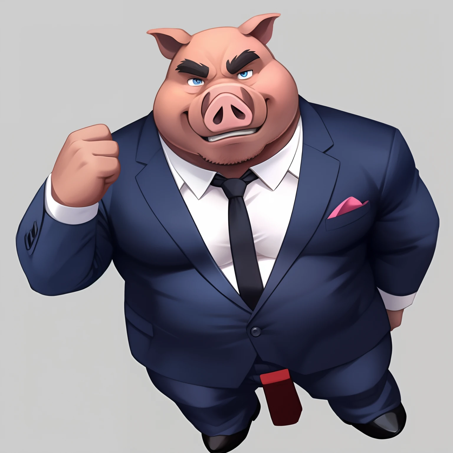 The head is a pig、The body is macho、wears a suit