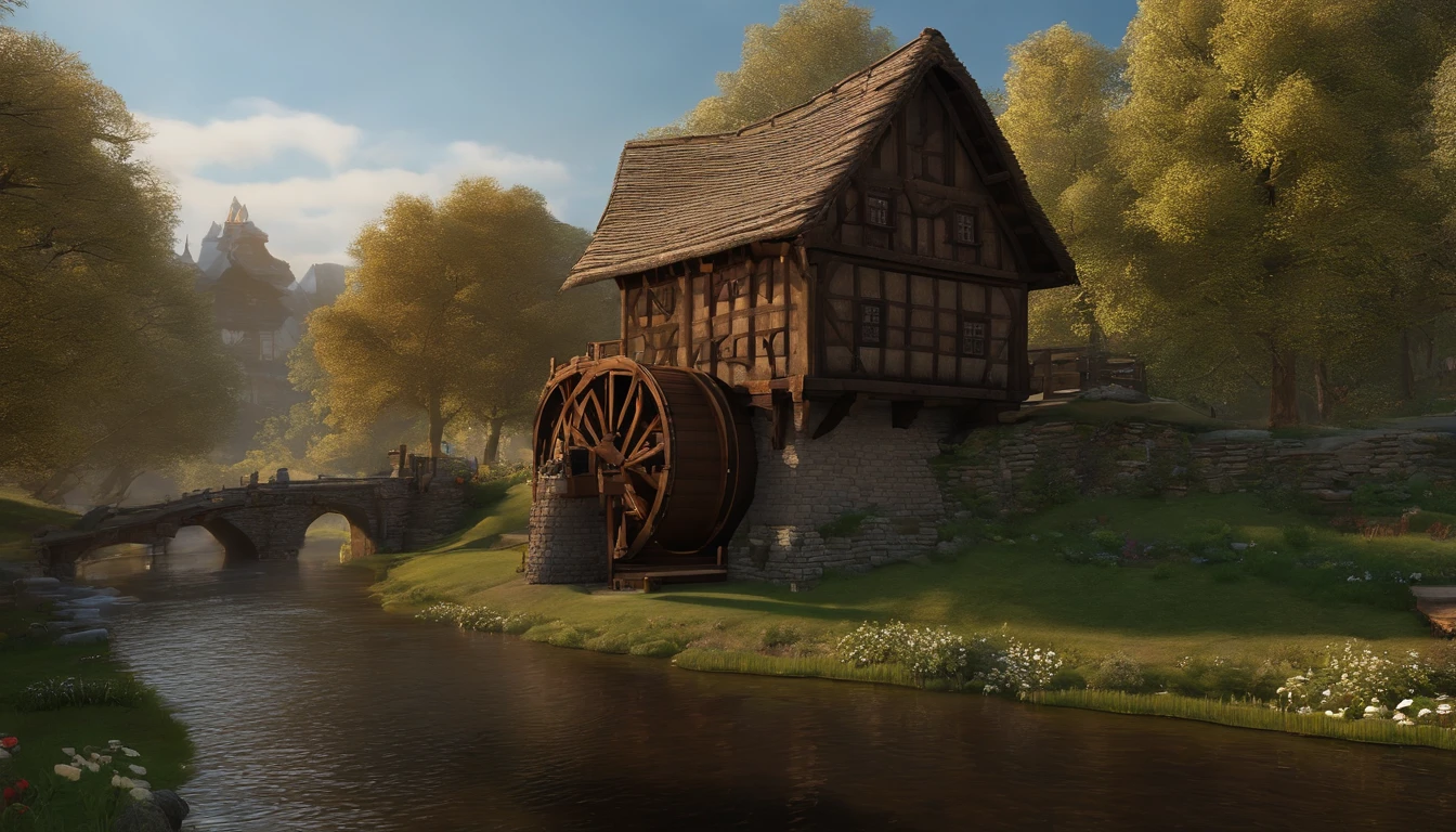 A wooden house next to a watermill with large rollers,A river,uni, detailed scenic view, , medieval village, ,Heroes of Might & Magic 3,Fantastical,4K,best qualtiy,primitive,Light,((Ultra-detailed and high-precision details))