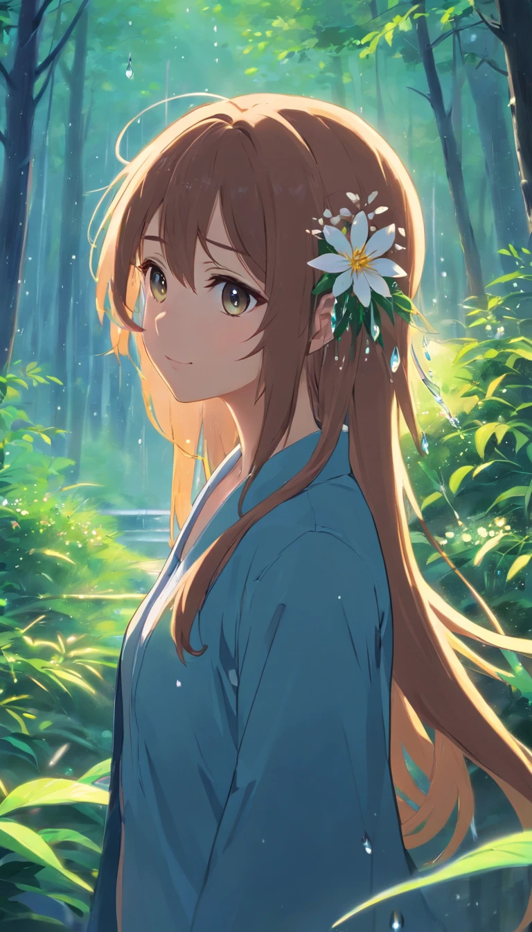 anime girl with long hair and flower in her hair, Beautiful anime artwork, style of anime4 K, Anime art wallpaper 4k,Rainy days，janelas，the woods，Rain drops