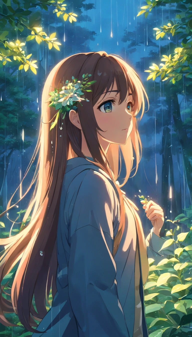 anime girl with long hair and flower in her hair, Beautiful anime artwork, style of anime4 K, Anime art wallpaper 4k,Rainy days，janelas，the woods，Rain drops