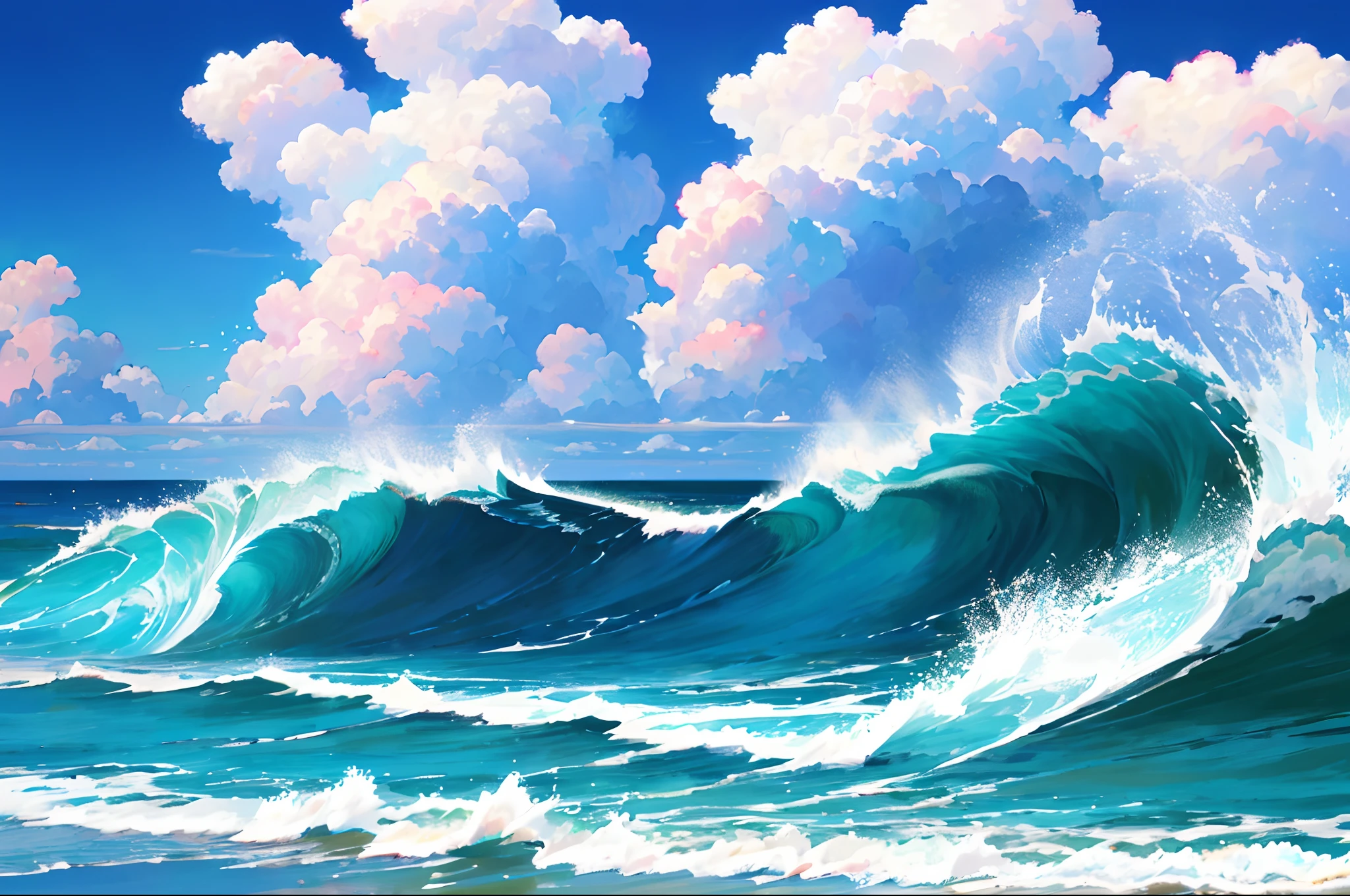 swell sea，Blue sky and white clouds