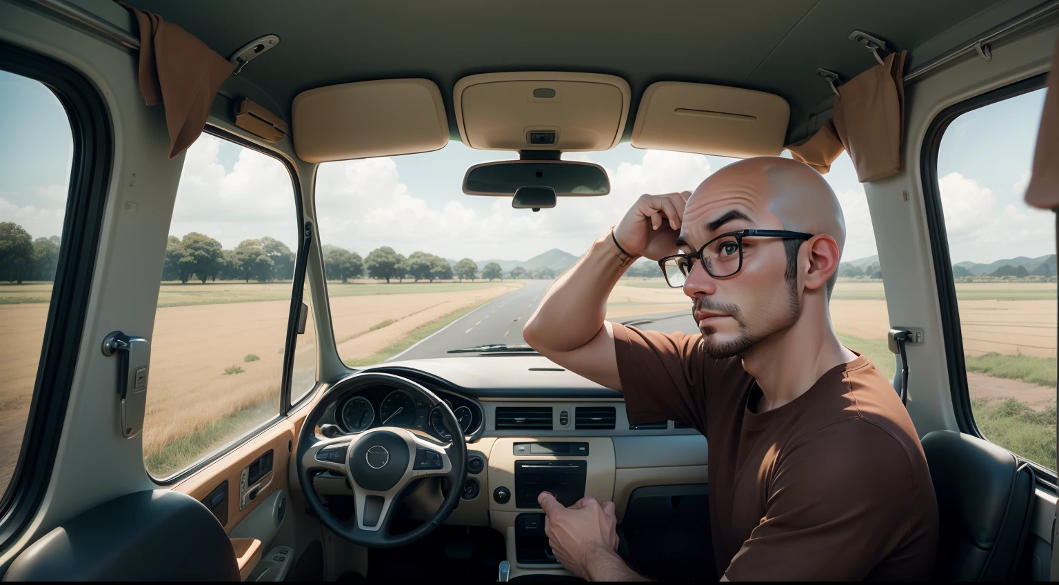 one character,bald man wearing glasses, without a beard, in brown clothes ,brown tshirt, driving,view from inside the cara green Kombi style van ,in a field background