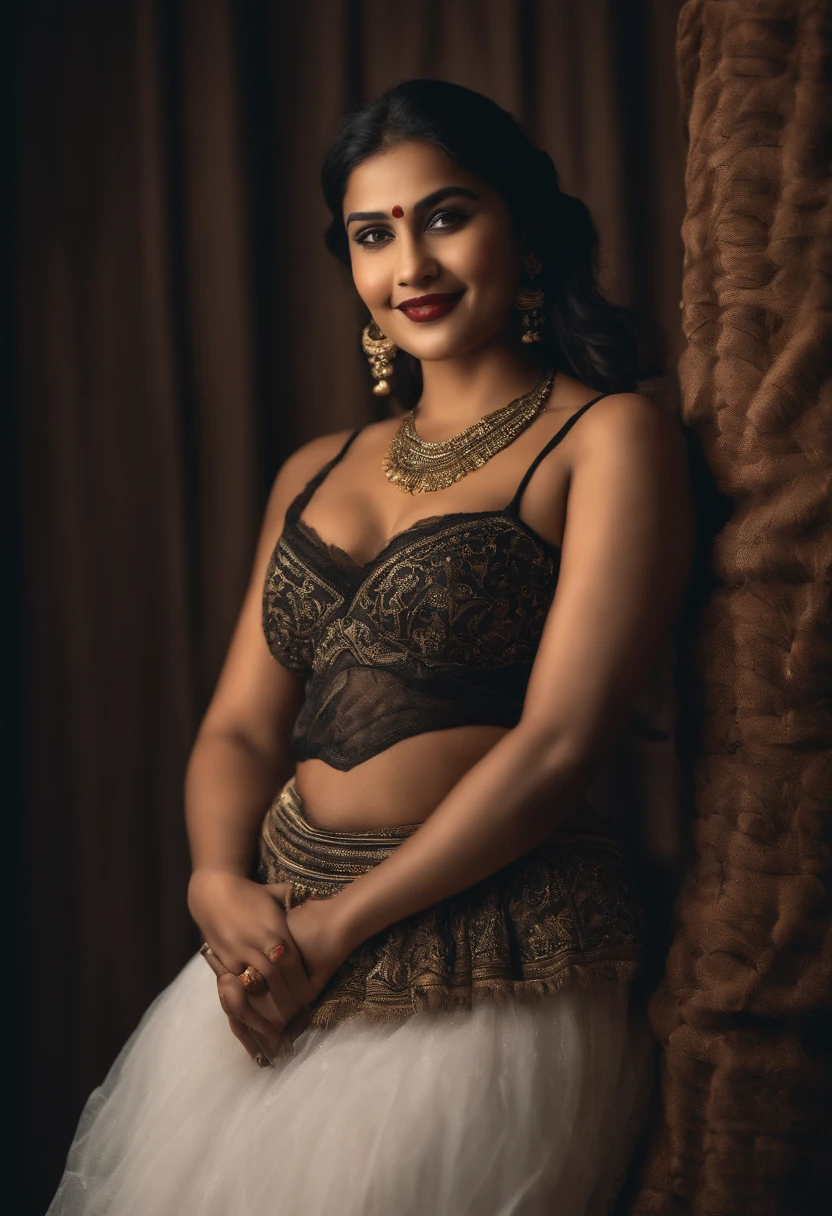 high res photograph, Bust, 1 girl, 28 years old, woman, Facial details, Baby fat, Waist accessories, Holding hands, Smile, Show fewer teeth, White skin, Upper body, Indians wear black stockings, model poses, Studio lighting)