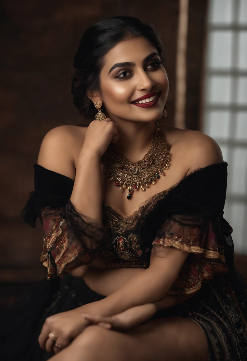 high res photograph, Bust, 1 girl, 28 years old, woman, Facial details, Baby fat, Waist accessories, Holding hands, Smile, Show fewer teeth, White skin, Upper body, Indians wear black stockings, model poses, Studio lighting)