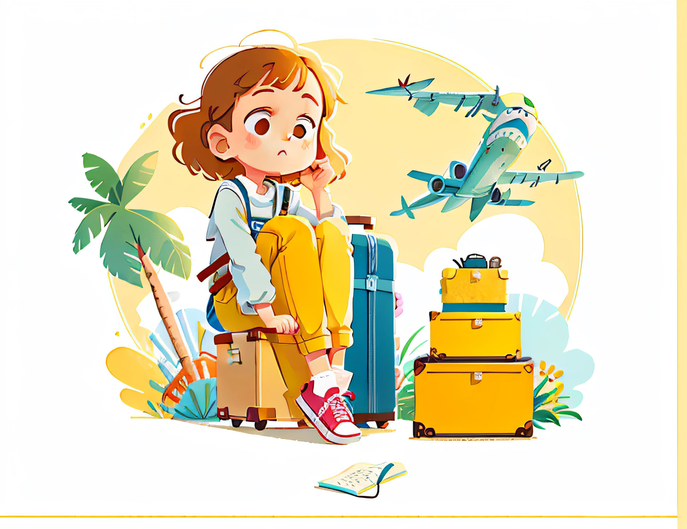 Woman sitting on suitcase,Head up,Yellow top off-white pants,Wave head,Yearning,In the background is a suitcase and an airplane, flatillustration, full page illustration, Simple illustration, colorful illustrations, minimalistic illustration, Modern illustration, Linear illustration, Illustration style, Color illustration, svg illustration, high quality illustration, traveling in france, Dribbble illustration, exciting illustration