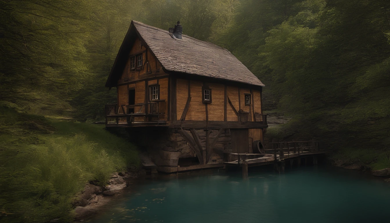 Wooden house next to the watermill，With large rollers，A river，uni, detailed scenic view, , medieval village, ，Power Hero & Magic 3，Fantastical，4K，best qualtiy，primitive，Light，（(Ultra-detailed and high-precision details))，Ultra-realistic texture