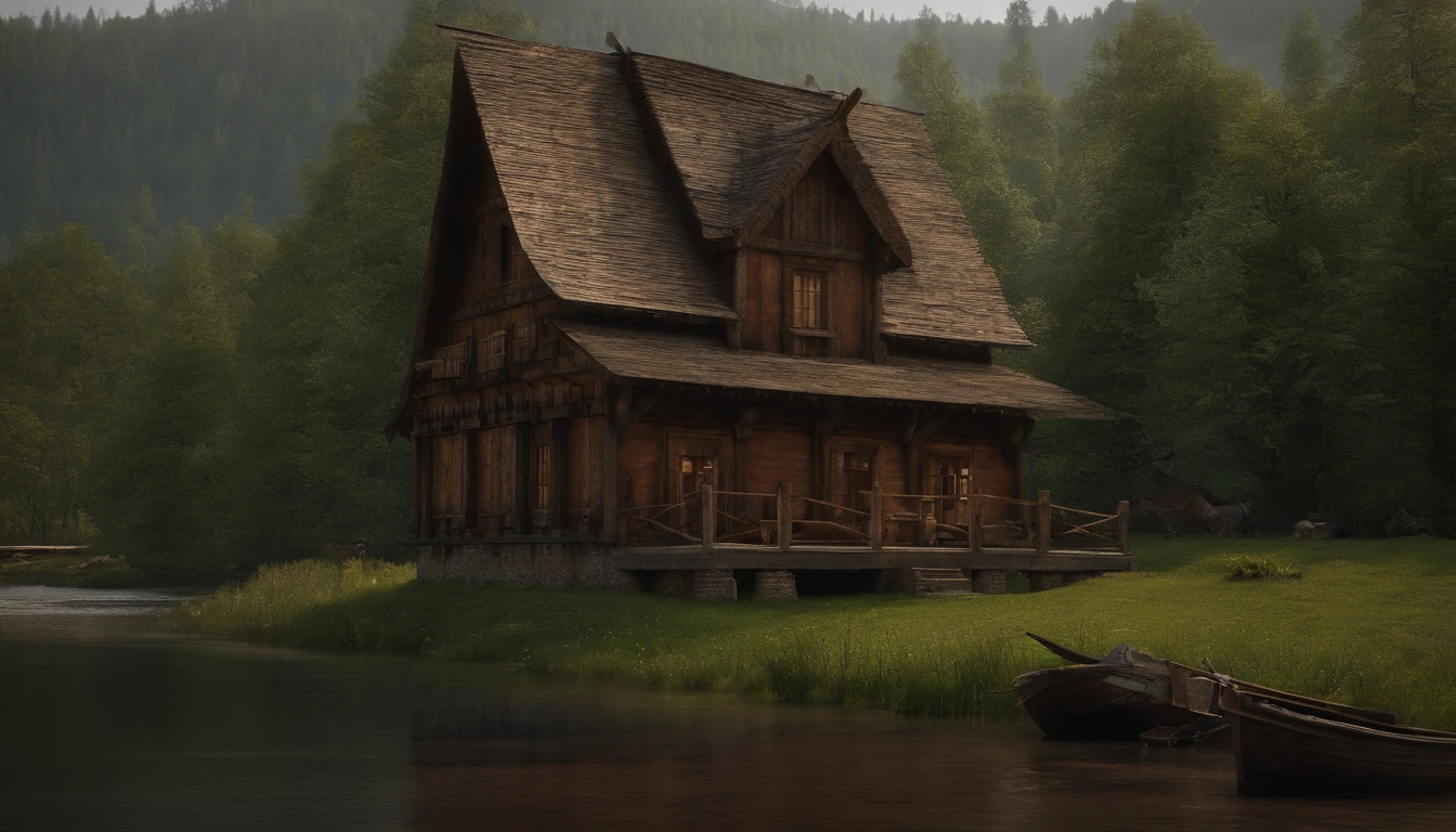 Wooden house next to the watermill,With large rollers,A river,uni, detailed scenic view, , medieval village, ,Power Hero & Magic 3,Fantastical,4K,best qualtiy,primitive,Light,((Ultra-detailed and high-precision details)),Ultra-realistic texture