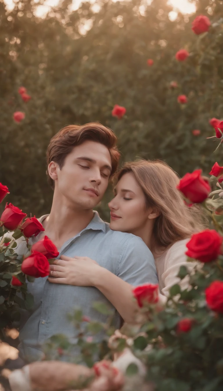 In a romantic atmosphere,couple cuddling,Walk in the Sea of Roses,Under the stars,Feel the romantic theme of Valentine's Day。