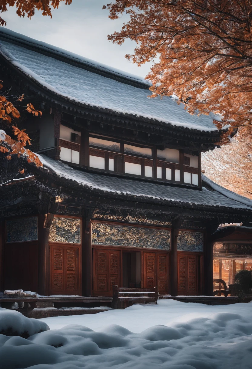 Arafed view of a village,a lot of lights on the buildings,Fantastic Chinese court,A surreal photograph of the court,Ancient Asian court,The Forbidden City of China,Raymond Han,Chinese style antique, Chinese ancient city, Well-lit building, In the evening when the snow is heavy, Beautiful and aesthetic, photography of, cinematic ligh, 8K, high detal,Heavy snowfall,hyper HD --auto