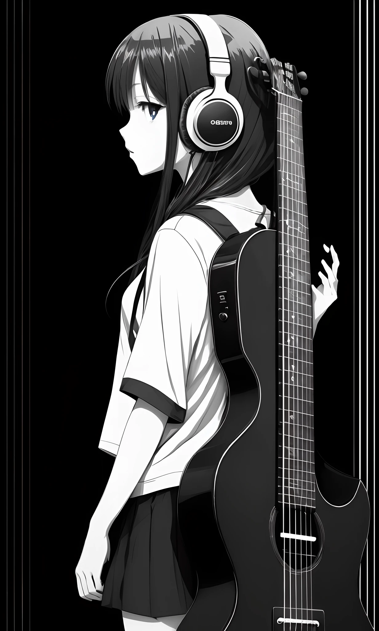 An anime girl wearing headphones and carrying a guitar on her back Clean background, black and white lines, cool feeling