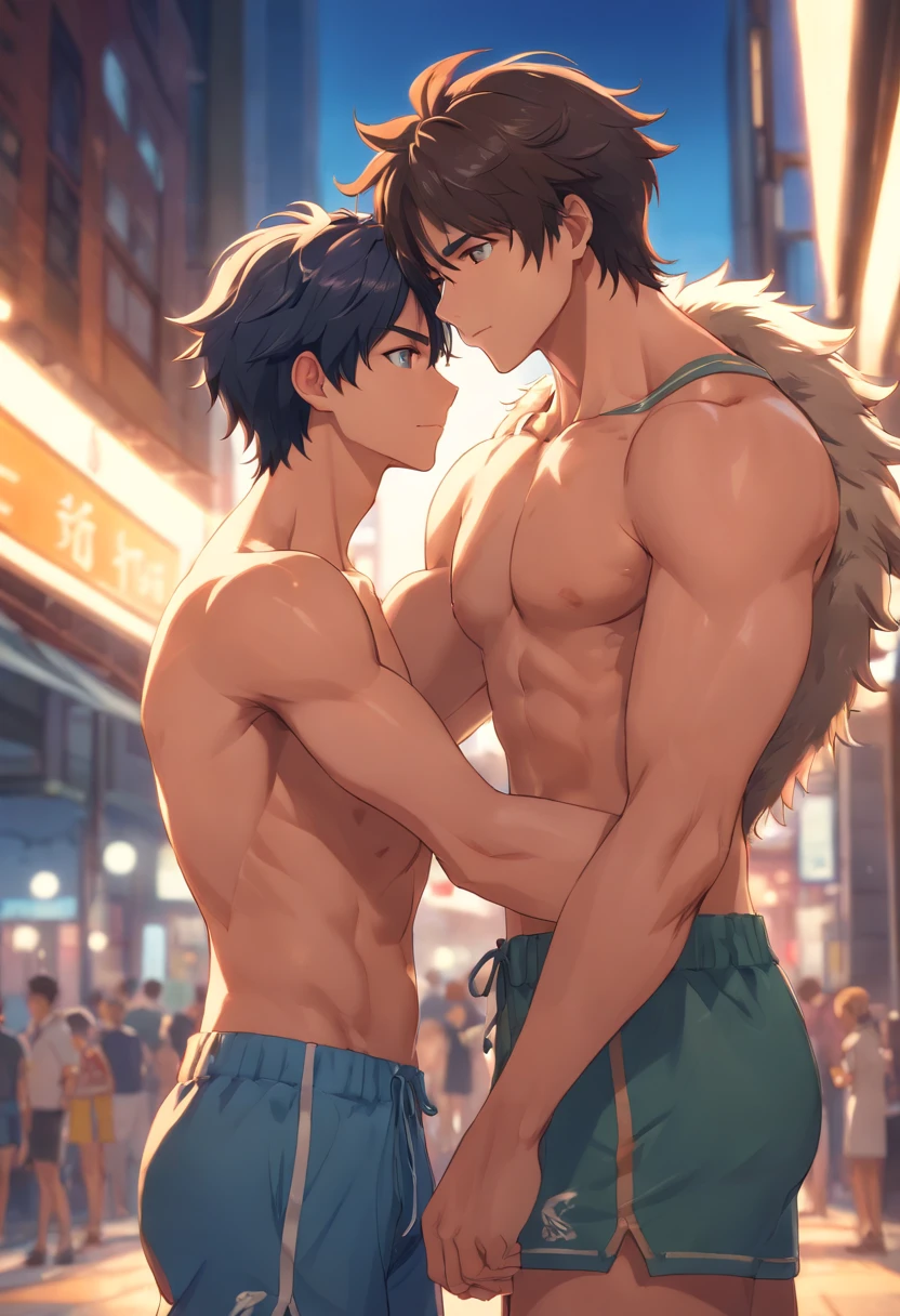 A pair of handsome men hugging each other looked at each other affectionately. Look at each other lovingly,4K high resolution, Best quality, Masterpiece, perfect colors, perfectly shaded, Perfect lighting, Furry, anthro, Furry art, Male wolf, gray wolf, (two-toned fur), hairy bodies, Blue eyes, (Seductive look:1.2), fit body, perfect male figure, Wear men's shorts,Abs,musculature,Detailed fur, Detailed face, Perfect face, (The stands up), Detailed background, ((Bonifasko lighting)), Wolf tail, (Detailed eyes), perfect pupils