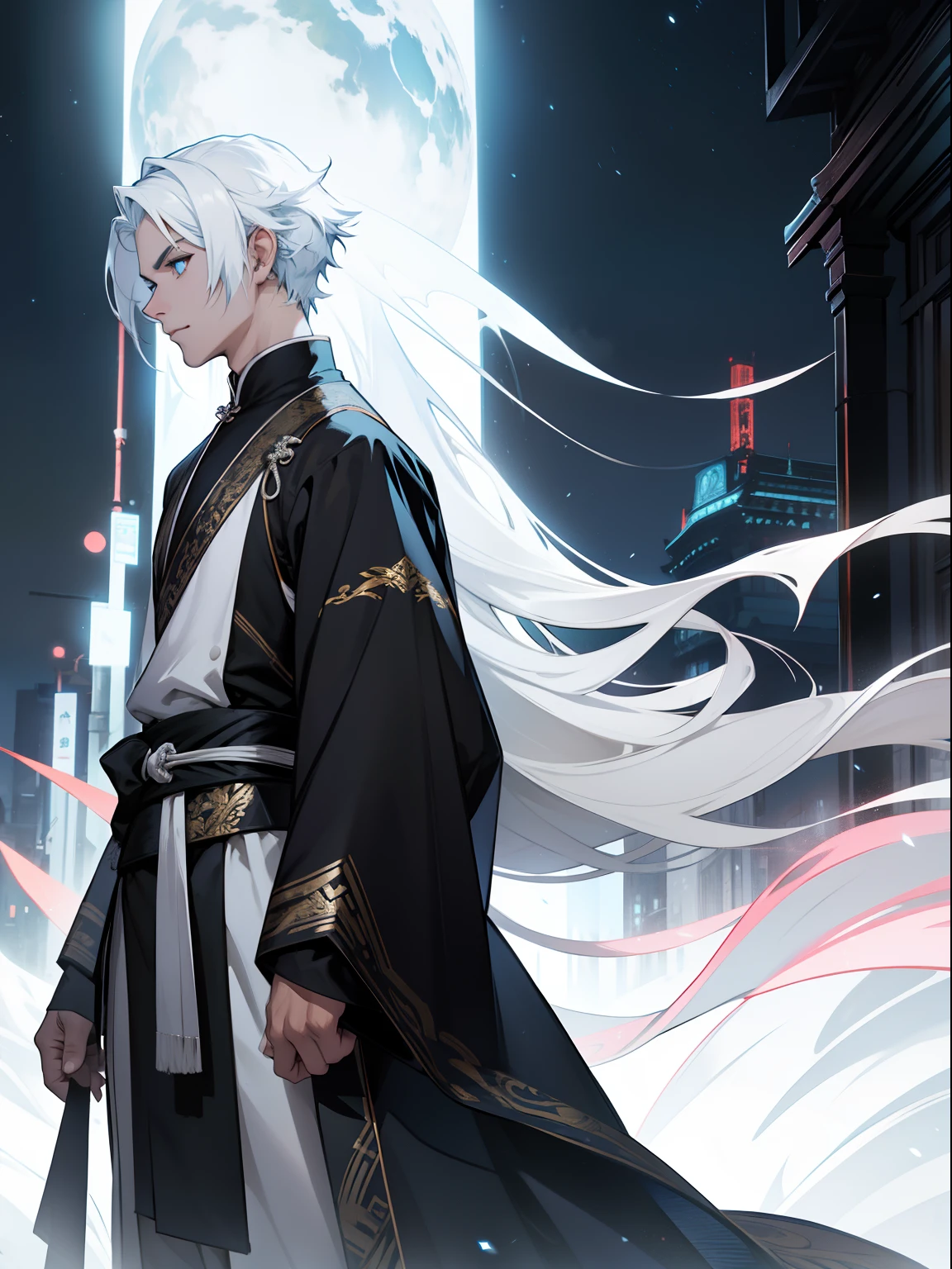 during night,Blackn clothes,Douluo Continent costume,White color hair,