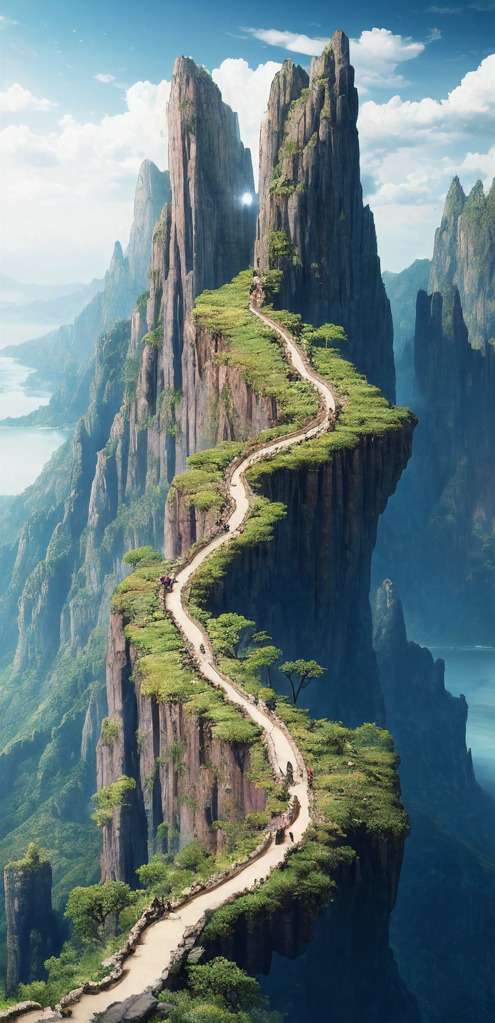 (((masterpiece))), best quality, high quality, extremely detailed CG unity 8k wallpaper, scenery, outdoors, sky, cloud, day, no people, mountain, landscape, water, tree, blue sky, waterfall, cliff, nature, lake, river, cloudy sky,award winning photography, Bokeh, Depth of Field, HDR, bloom, Chromatic Aberration ,Photorealistic,extremely detailed, trending on artstation, trending on CGsociety, Intricate, High Detail, dramatic, art by midjourney, vast landscape, small mountains