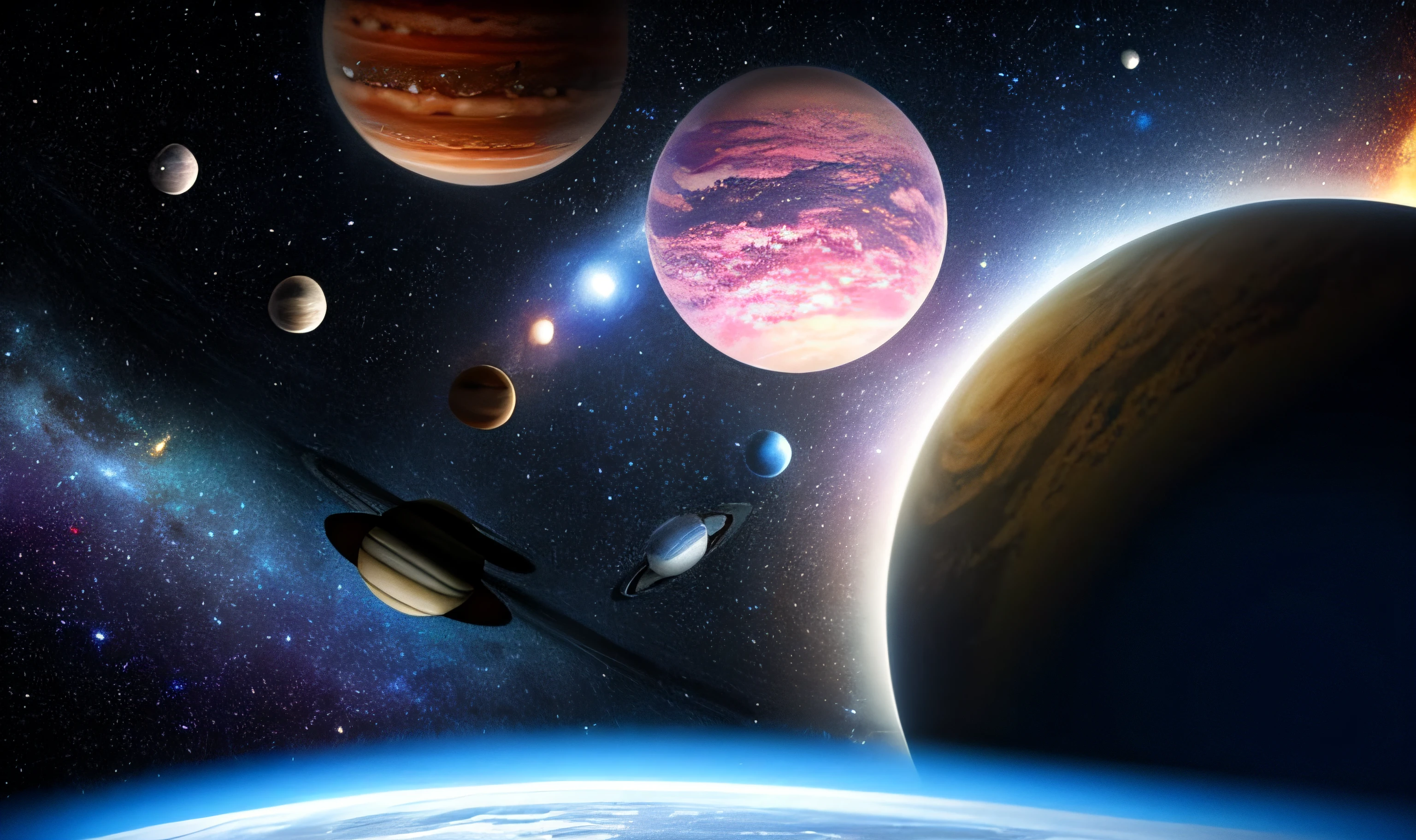 Close-up of a group of planets in the sky, large planet in background, universe life significance, Planets and galaxies, planets and stars, planets and stars, planets in the background, space photo, planet in space, space photography, planet in the sky, space backround, stars and planets, planet in the sky, planets behind