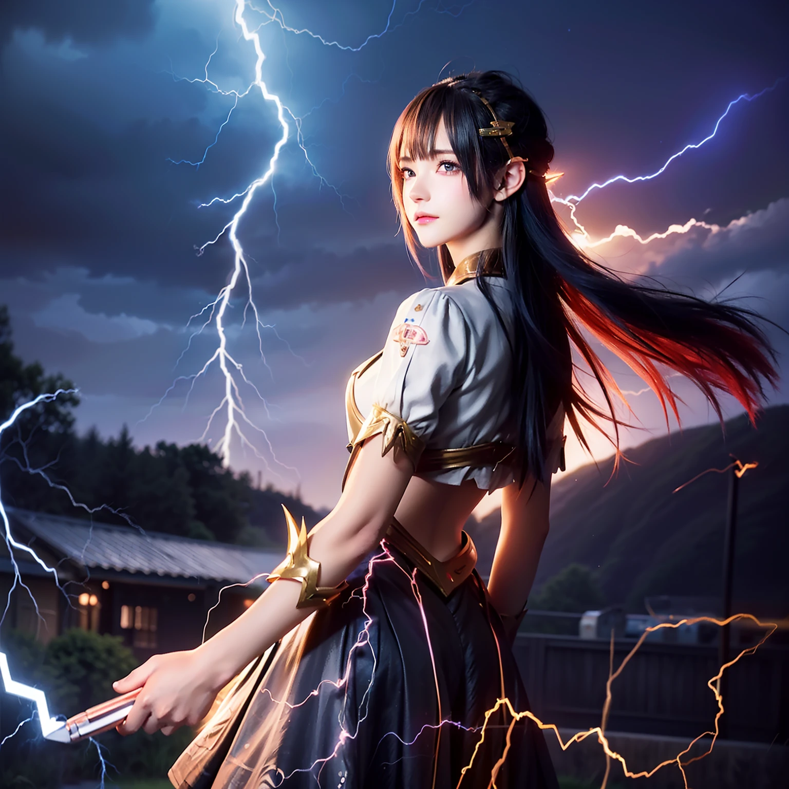 ((Best quality)), ((Masterpiece)), ((Ultra-detailed)), (illustration), (Detailed light), (An extremely delicate and beautiful),(Cowboy shot),[(Fight against split-screen themes)::0.4], (2 girls:1.25)
/=
(Left side and red hair and(Lightning strikes and (electrical shock:1.25)))>),(Detailed anime face),Glowing pupils,
/=
(Back to back:1.2),(Yuri:0.8),(Flash perspective:1.3),
/=
(Right side and blue hair and (Lightning strikes and (electrical shock:1.25)))>),(Detailed anime face),Glowing pupils,
/=
(night sky background),(Cloudy sky),((Electricity)),((Wind)),Depth of field,best illuminate,volumettic light,