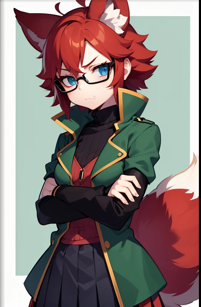 softly toned young adult, small breasts, short scruffy red hair, fox girl, pale blue eyes and black glasses, pouting crossed arms, wearing a dark green coat, red comfy undershirt, long black pleated skirt, black autumn gloves